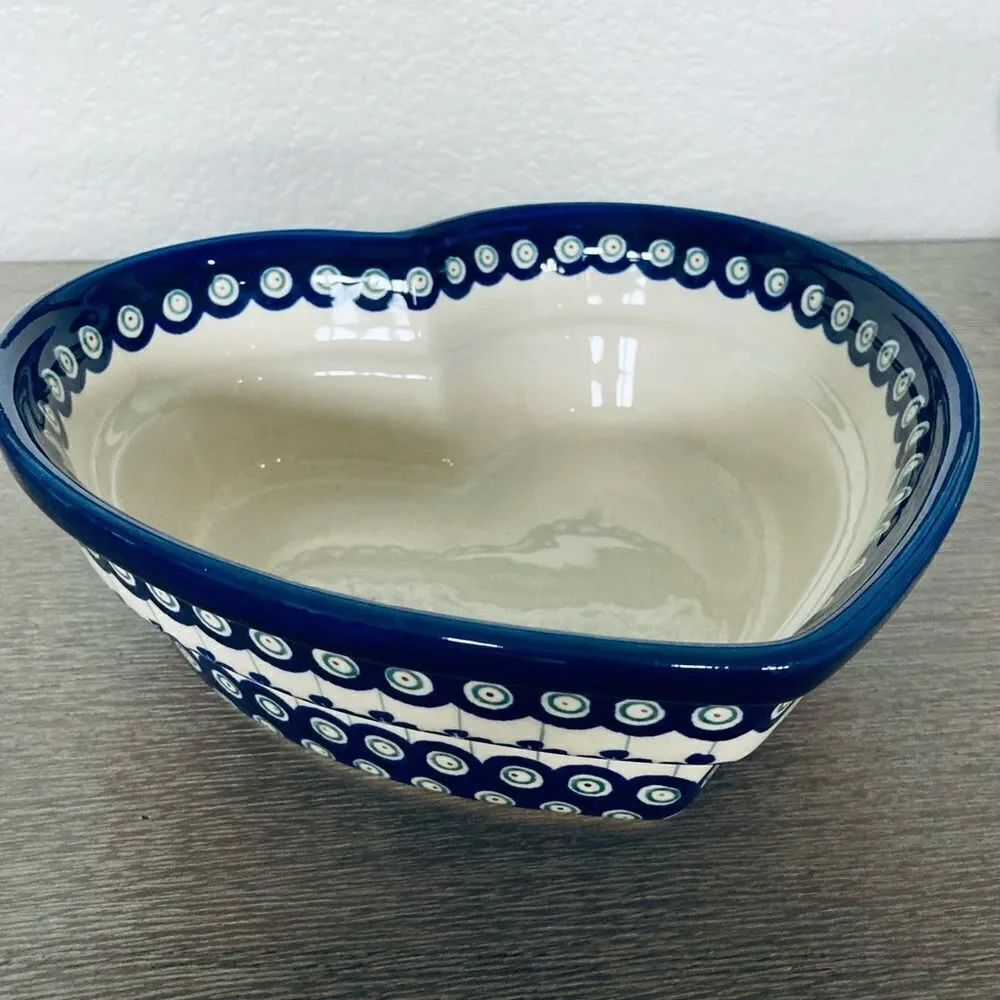 Boleslawiec Heart Shape Peacock Polish Pottery Ceramic Bowl Dish